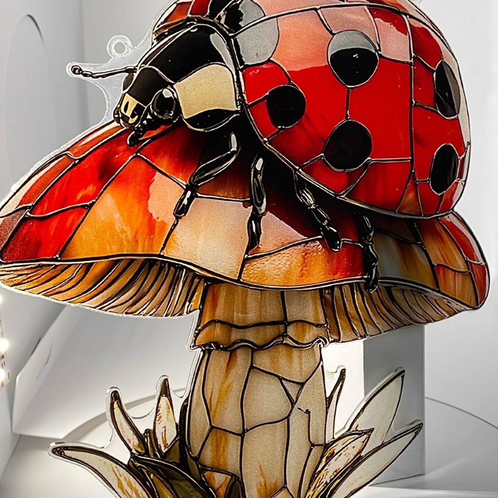 Suncatcher Acrylic Ladybug on a Mushroom Decorative Faux Stained Glass New Gift